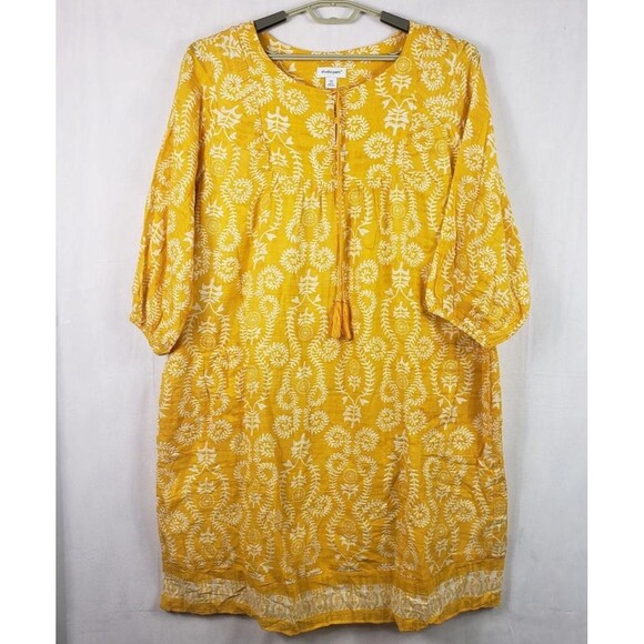 Studio Park Amy Stran Dress Womens 2X Yellow Textured Cotton Belted Lined Boho - Picture 1 of 16
